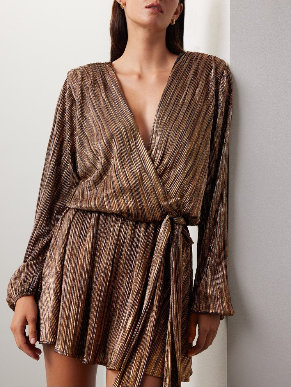 Ramy Brook Metallic Bronze Long-Sleeve Wrap Dress
